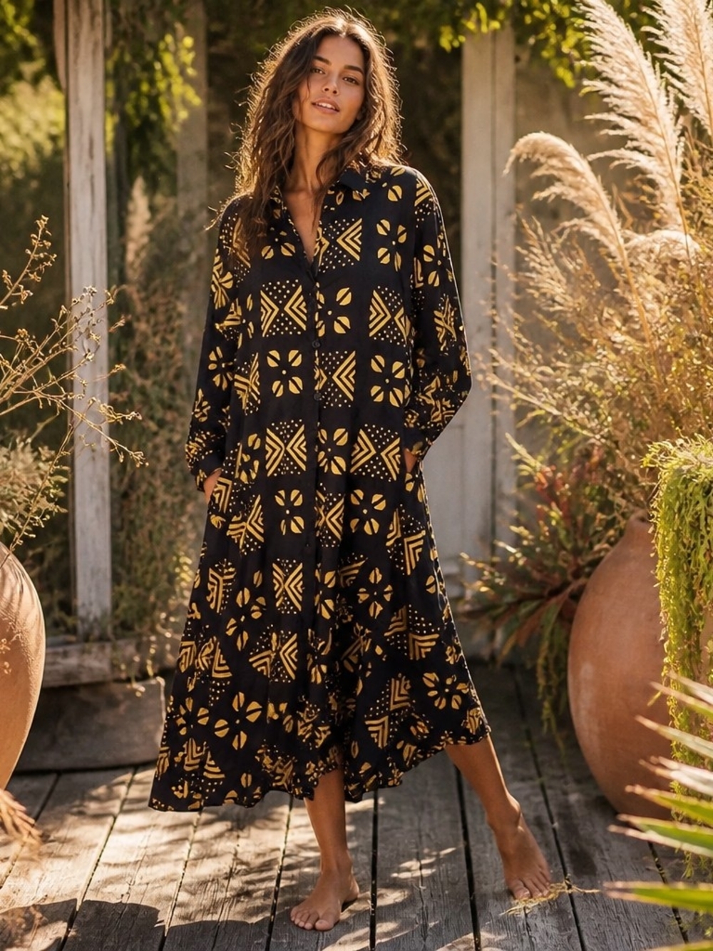 Button-Front Midi Dress in Black with Mustard Geometric Print